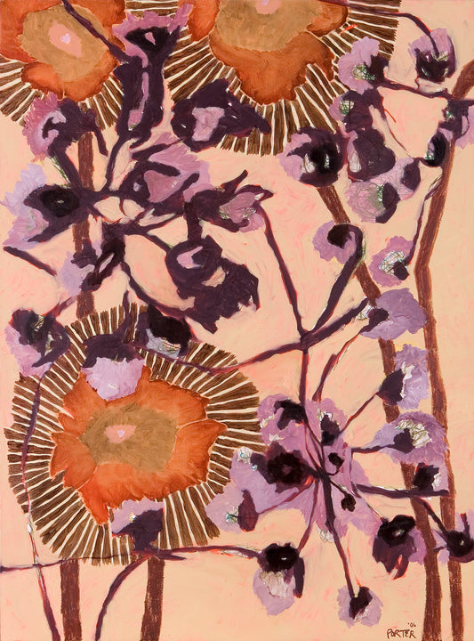 Abstract floral pink purple orange and brown botanical art acrylic on canvas