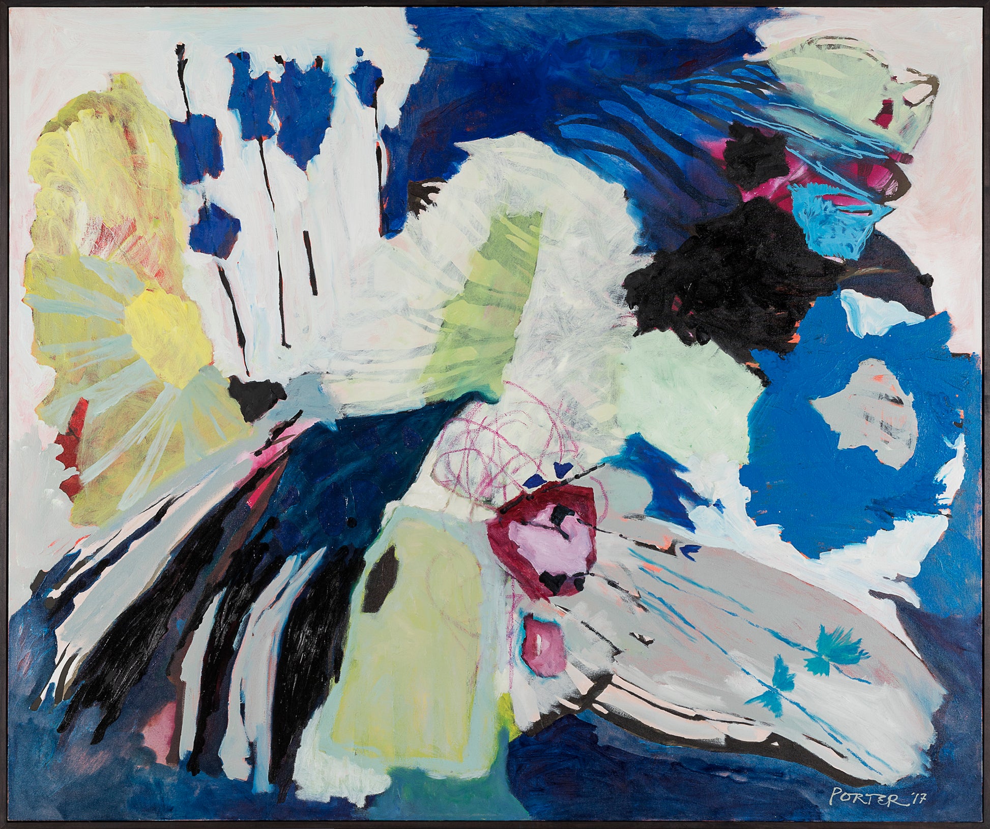 Abstract acrylic painting with blue yellow green white magenta floral and botanical on canvas