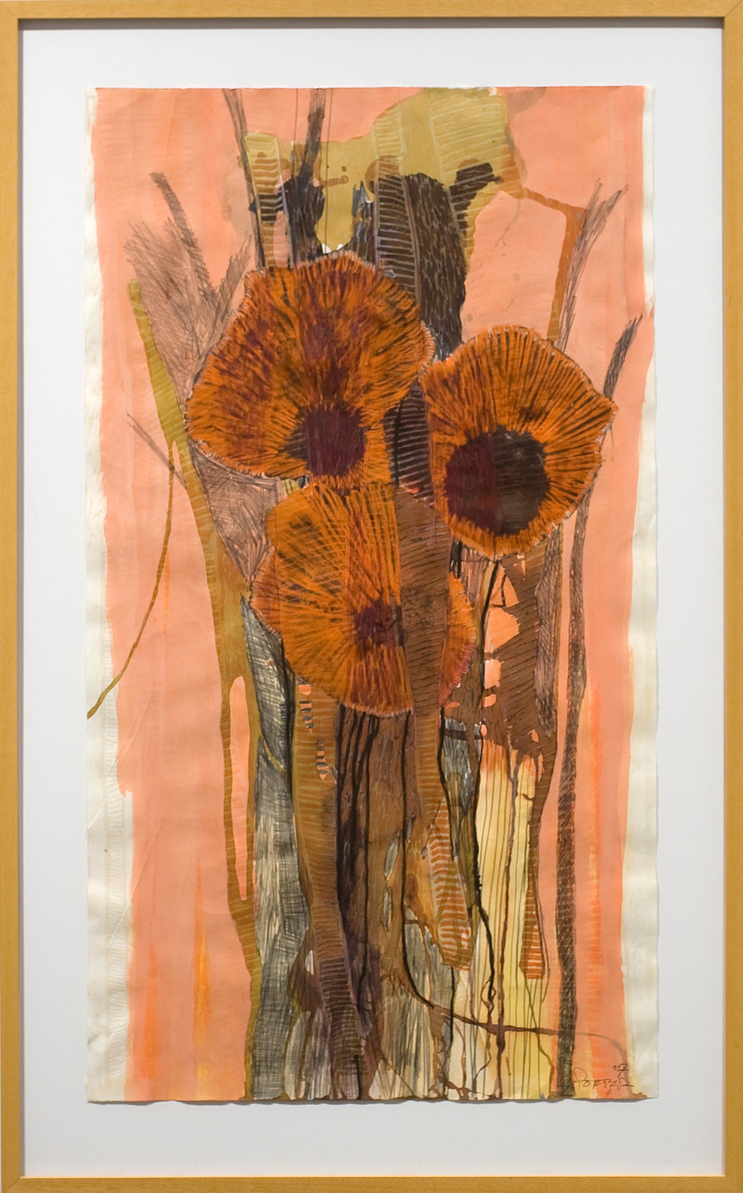 Botanical abstract art painting with mixed media on paper