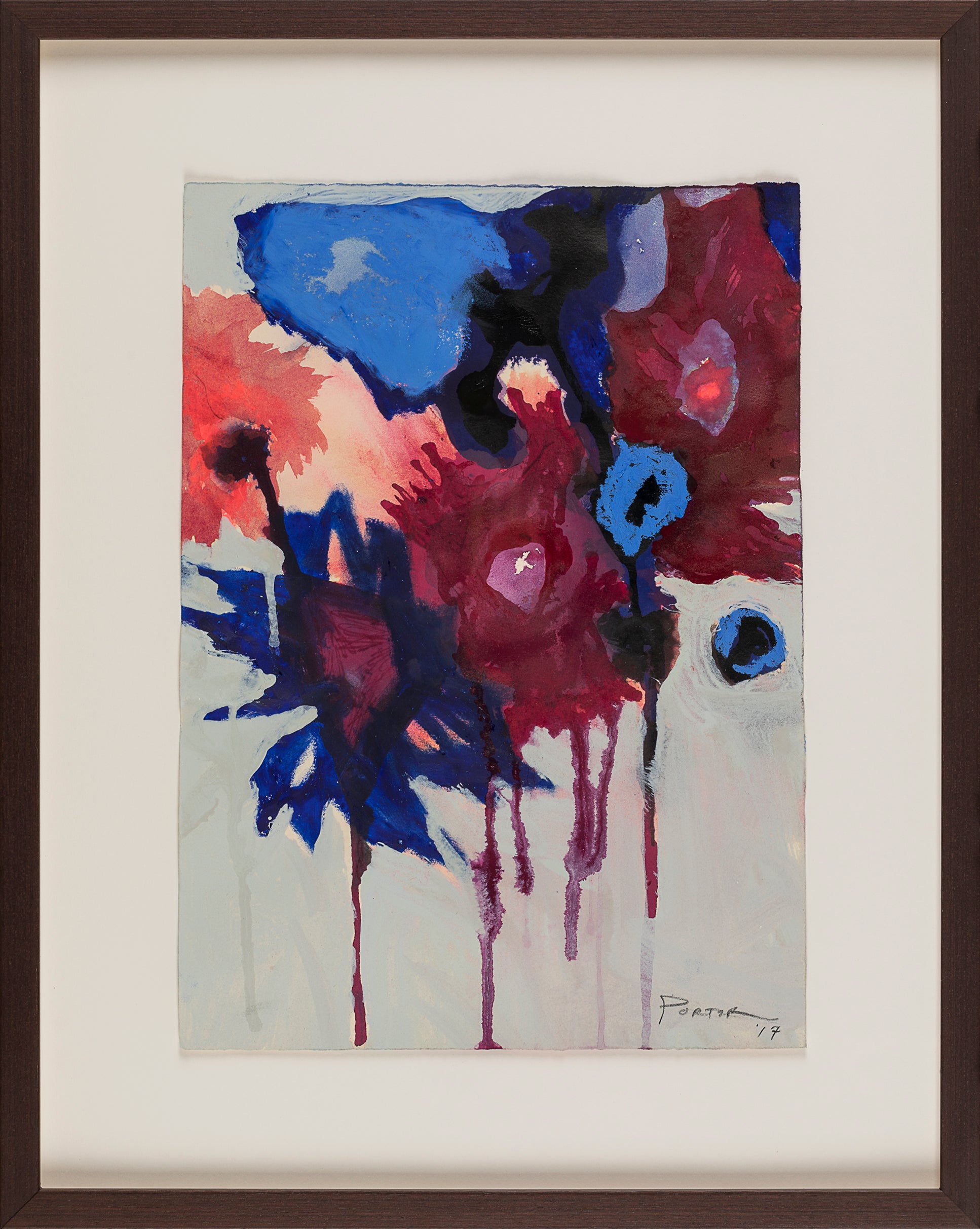 Abstract red maroon blue and pink mixed media art on paper