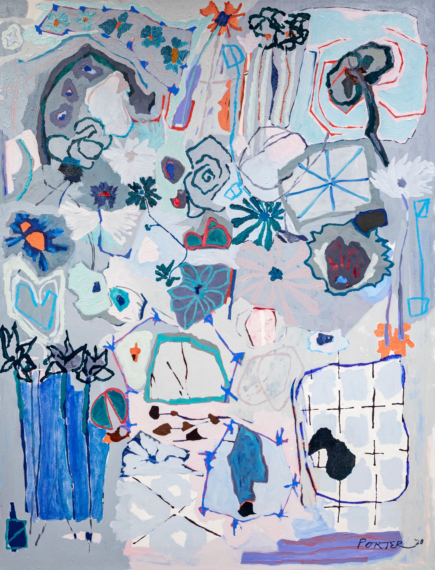 Abstract artwork with various geometric shapes and colors acrylic paint on canvas