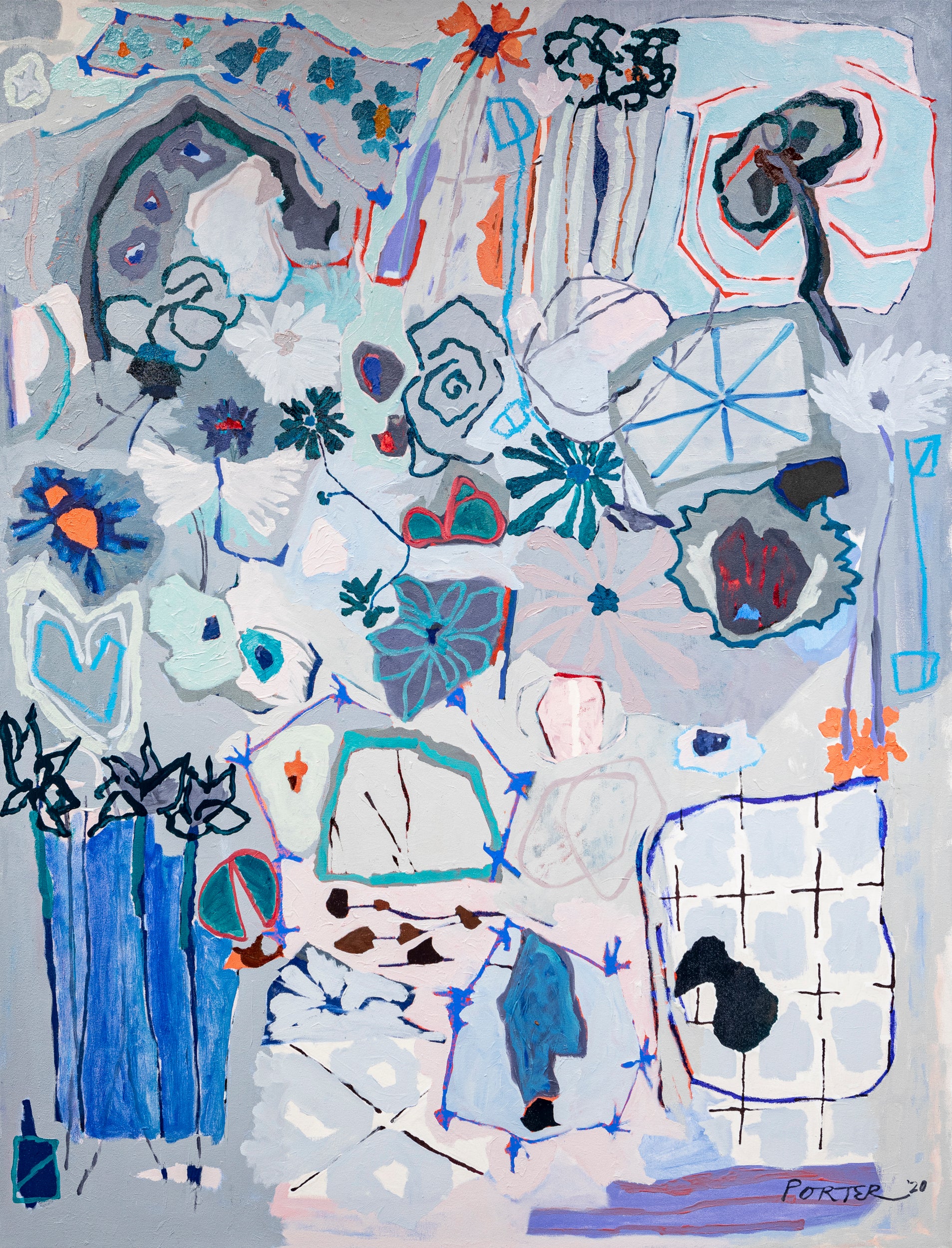 Abstract artwork with various geometric shapes and colors acrylic paint on canvas