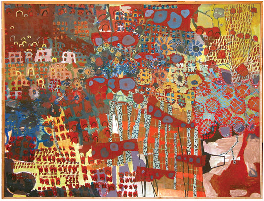 Colorful abstract artwork with various geometric shapes acrylic on canvas