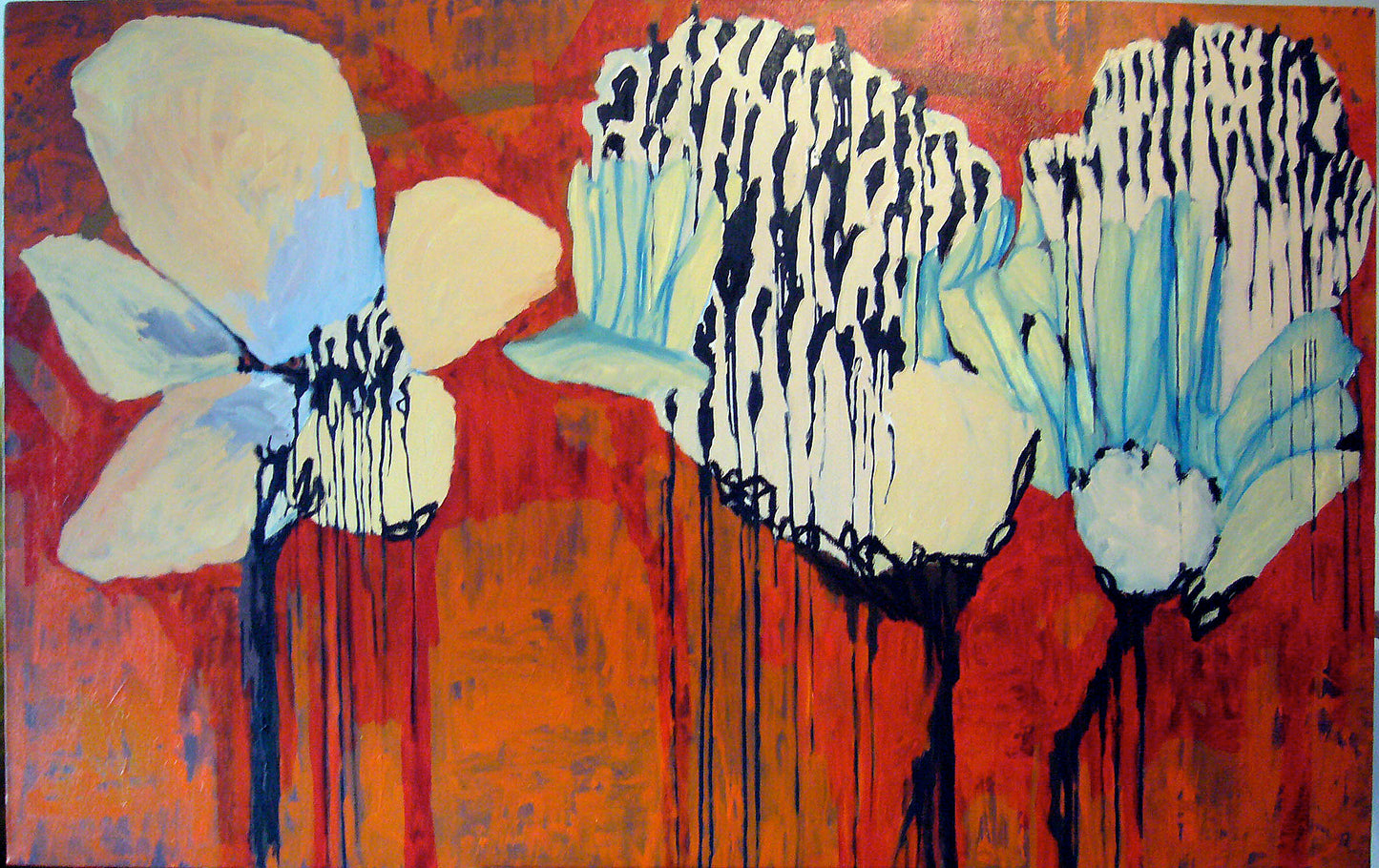 Abstract painting of flowers with a red background acrylic on canvas