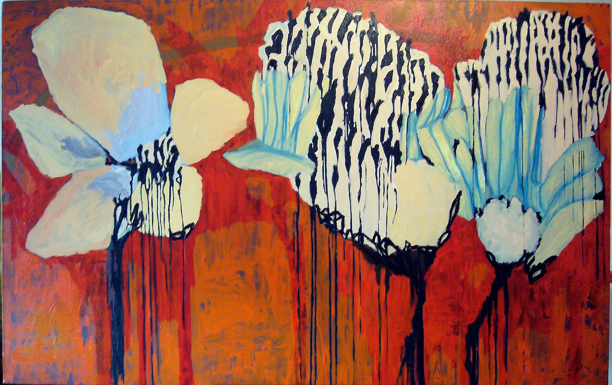 Abstract painting of flowers with a red background acrylic on canvas