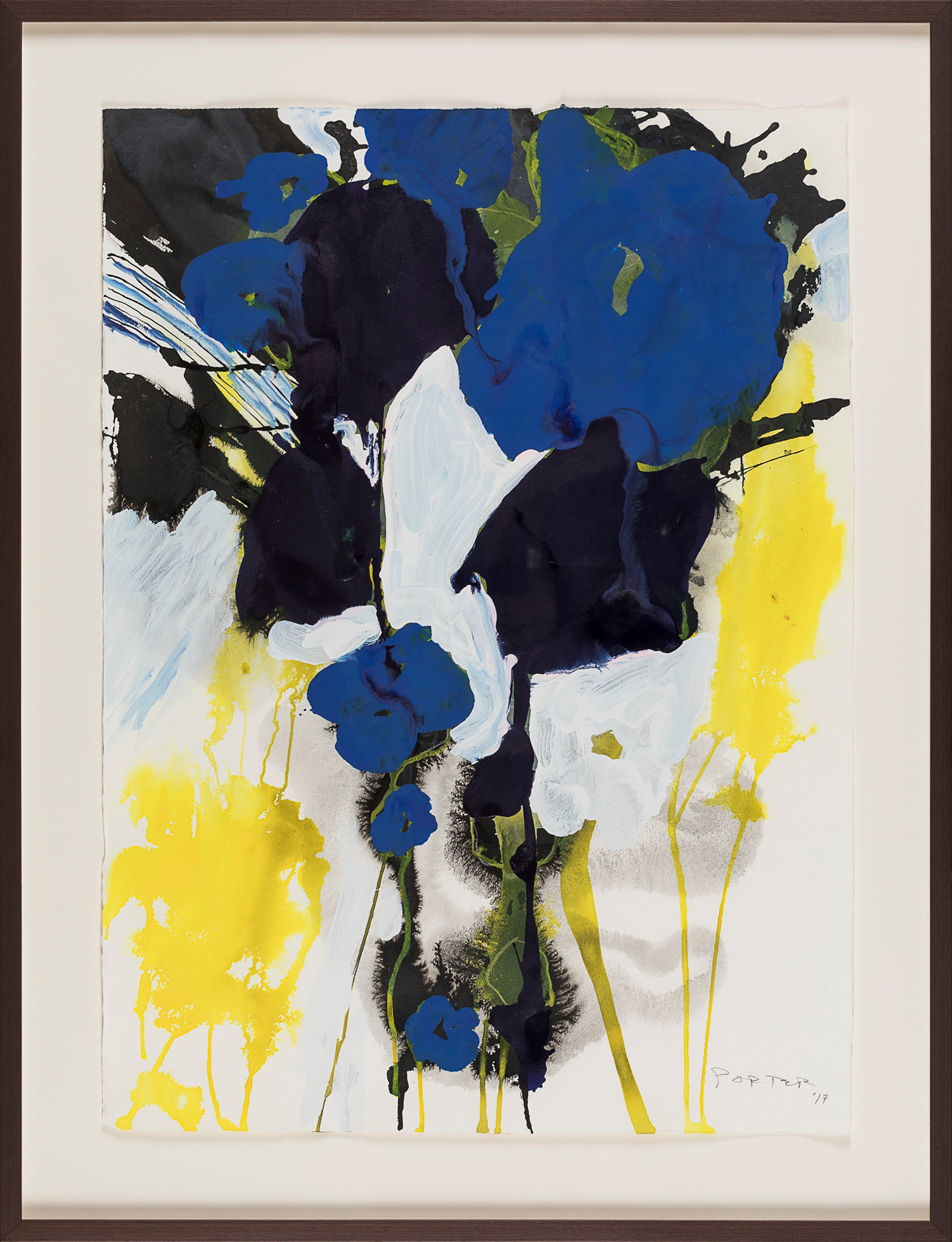 Abstract artwork with blue and yellow flowers mixed media on paper