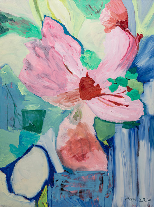 Colorful abstract painting with pink flowers and green leaves