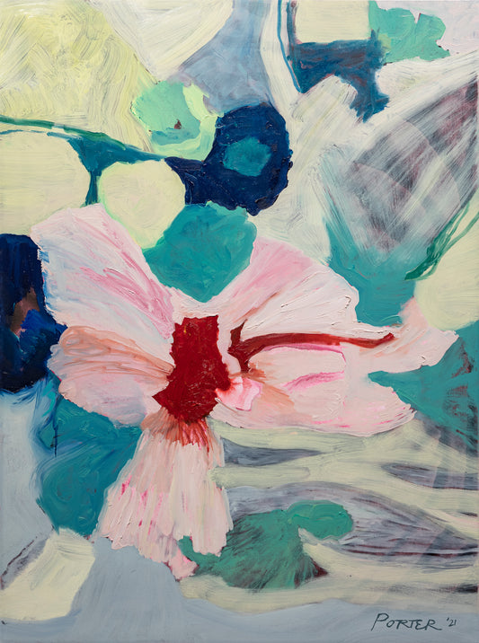 Abstract painting of a flower with pink center and green leaves acrylic paint on canvas