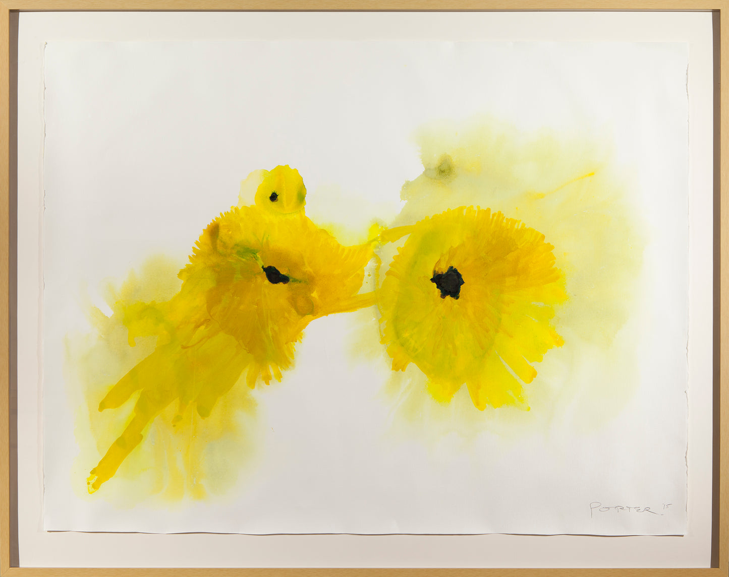 Abstract yellow ink blot painting mixed media on paper bright vibrant art