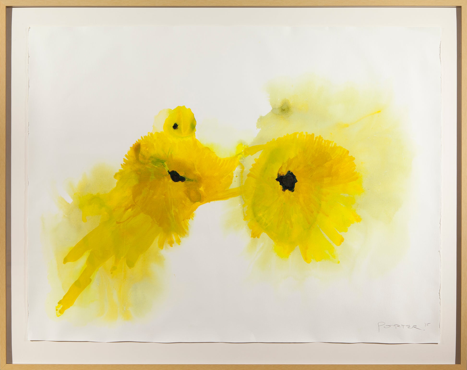 Abstract yellow ink blot painting mixed media on paper bright vibrant art