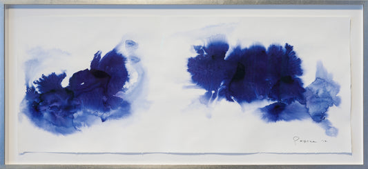 Abstract blue ink blot painting mixed media on paper