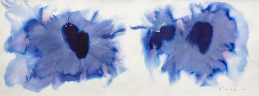 Abstract blue ink blot painting mixed media on paper