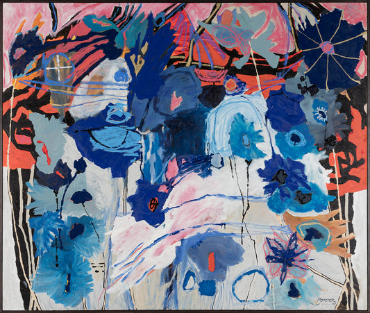 Abstract art painting blue flowers and geometric shapes acrylic canvas