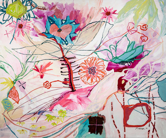 Abstract colorful artwork painting with colorful flowers and lines on a white canvas
