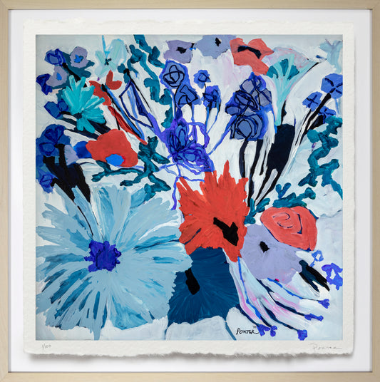 Abstract artwork with colorful flowers and birds on a white background
