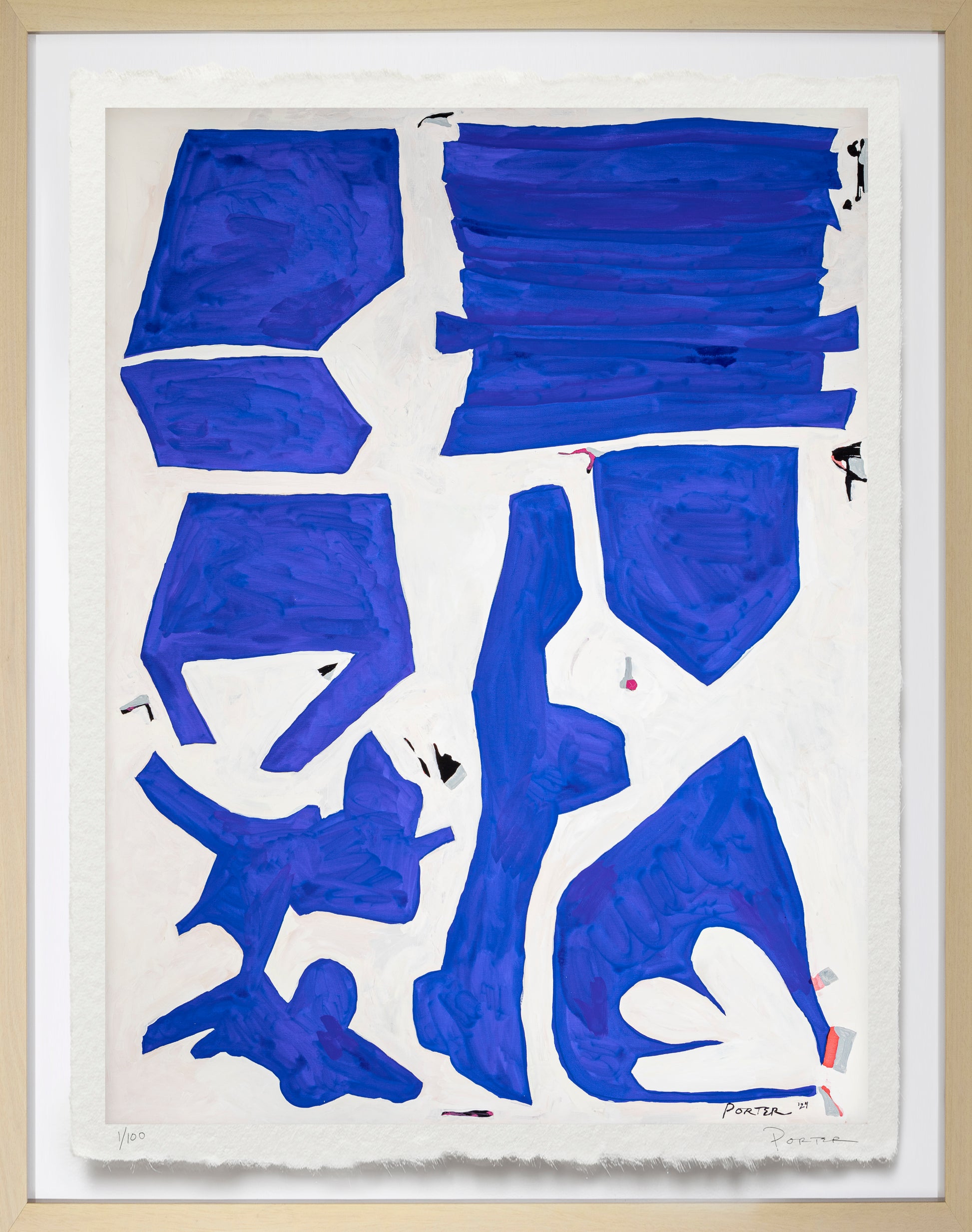 Abstract art piece with blue shapes on a white background, diptych 