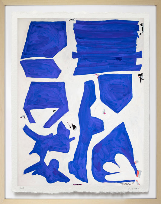 Abstract art piece with blue shapes on a white background, diptych 