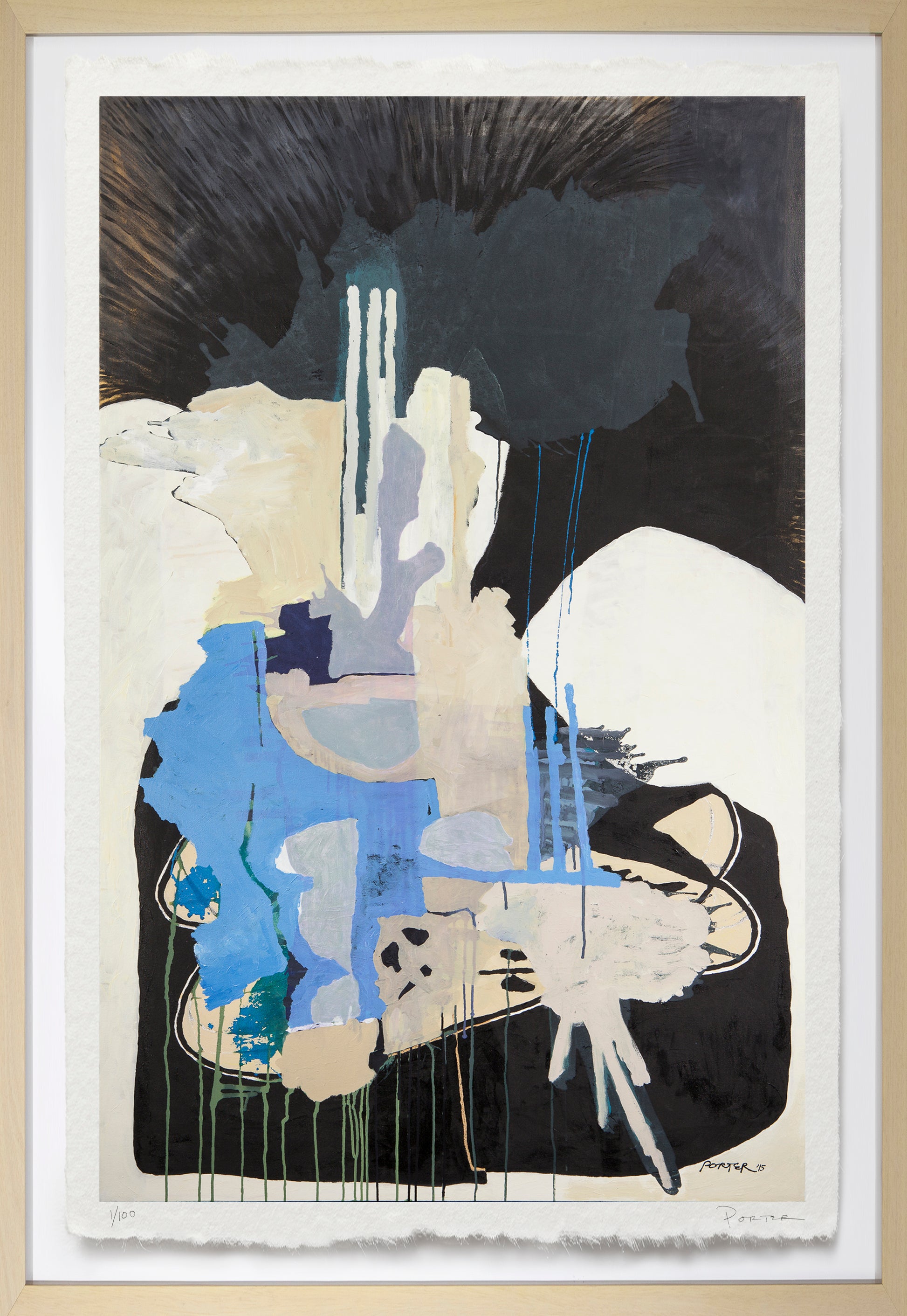 Abstract artwork with blue, black, and beige elements on a white background