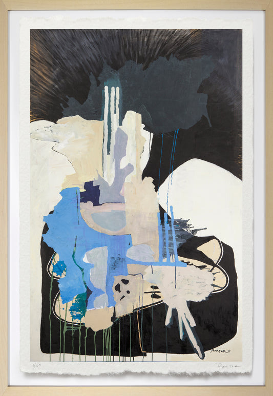 Abstract artwork with blue, black, and beige elements on a white background