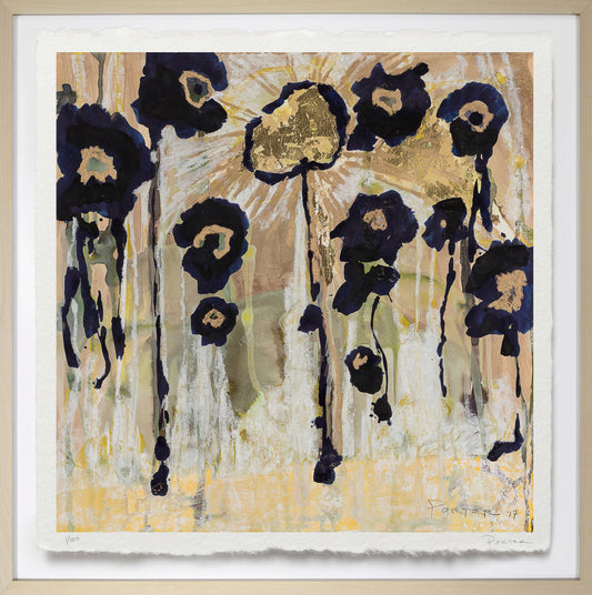 Abstract art piece with black floral shapes on a beige background