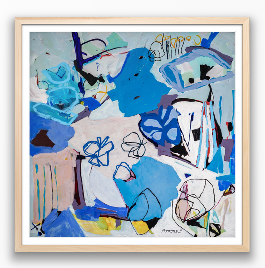 Abstract artwork with blue and white elements in a wooden frame.