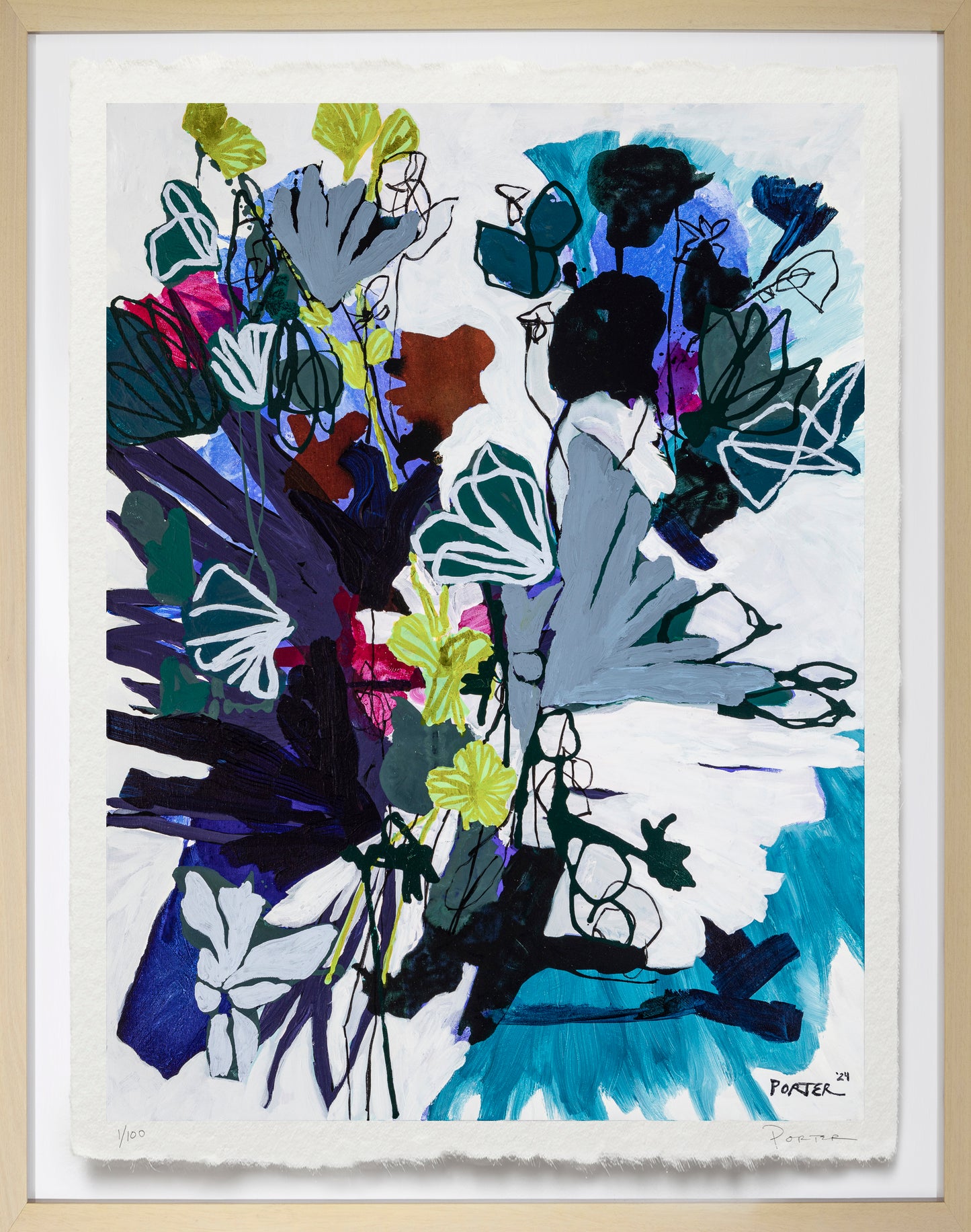 Abstract artwork with colorful floral elements on a white background