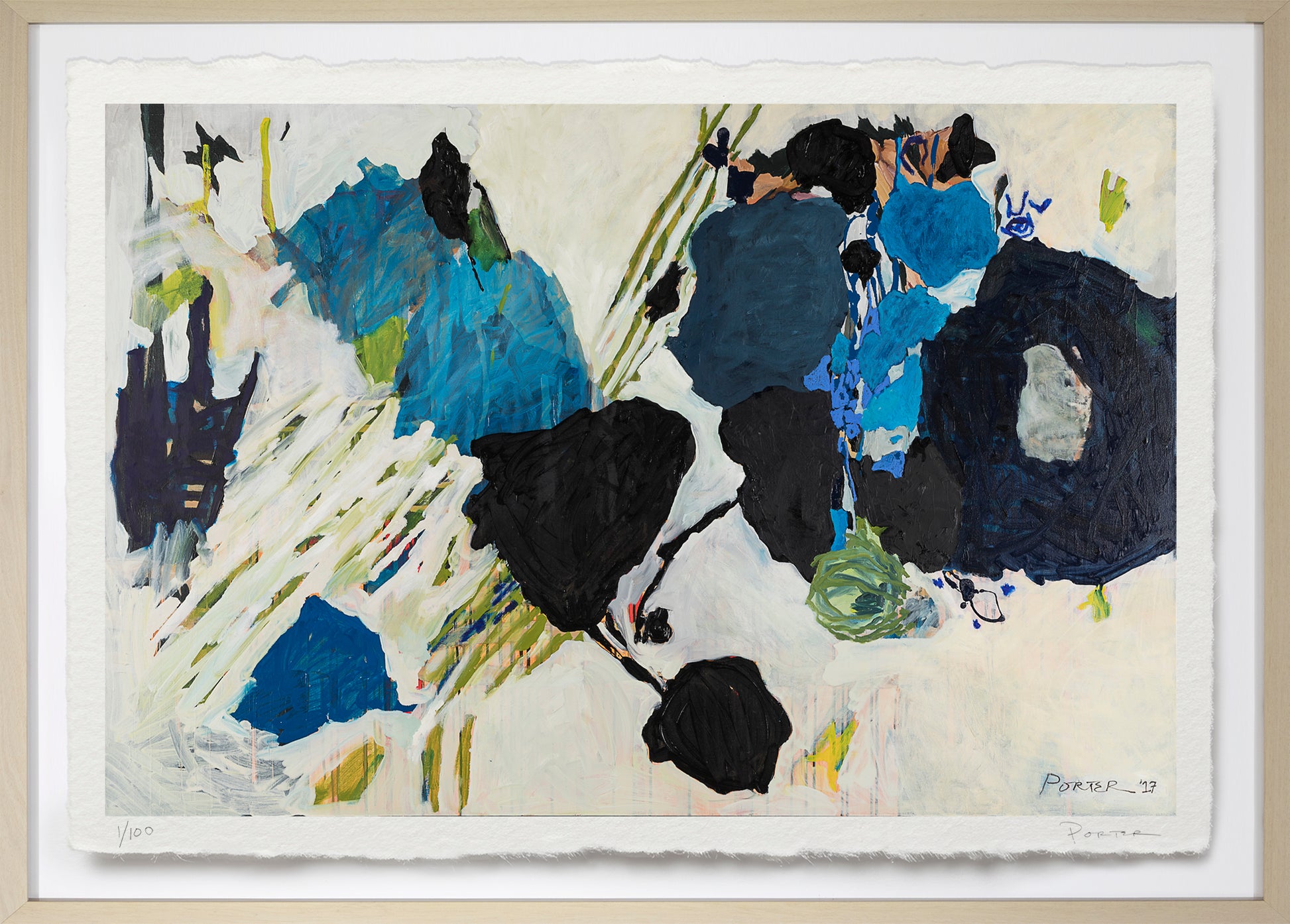 Abstract artwork with blue and black flowers on a beige background