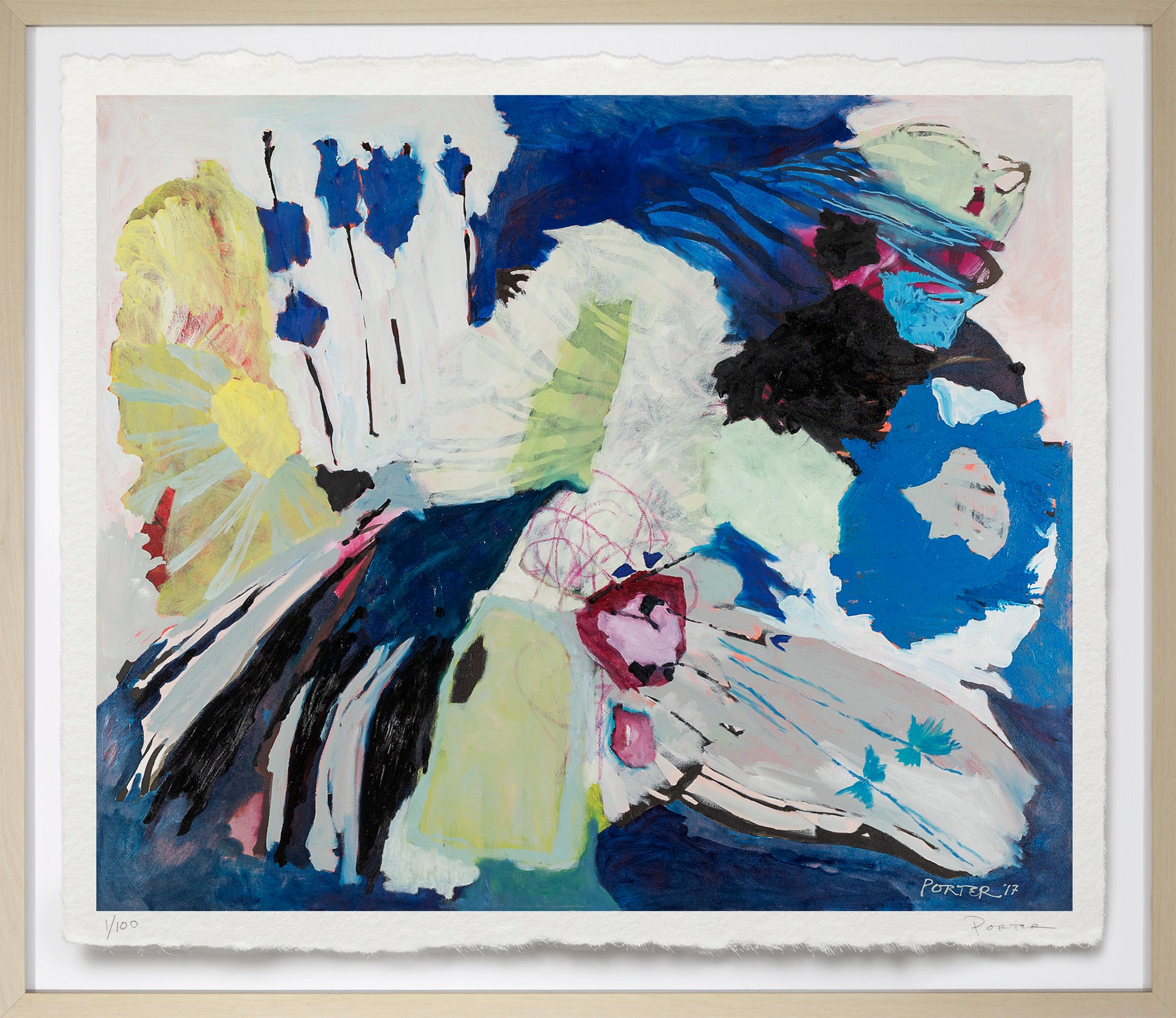 Abstract painting with colorful brush strokes on a white background