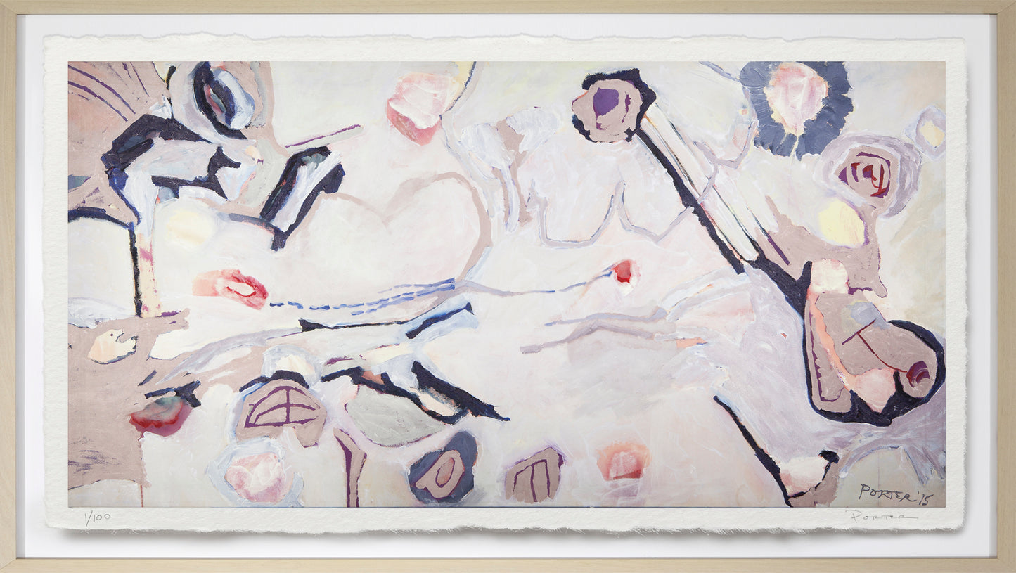 Framed artwork of abstract figures and shapes on a light background