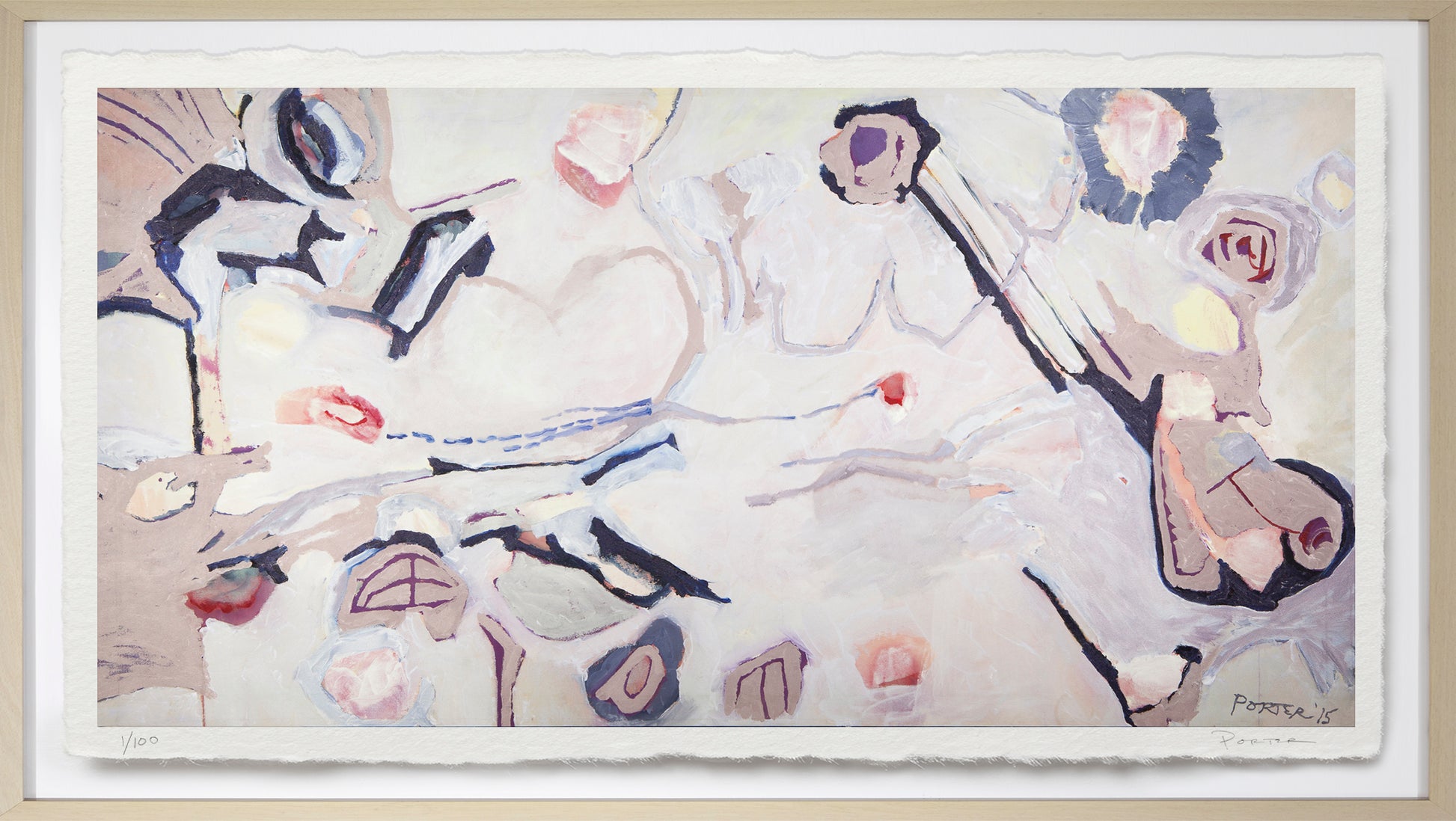 Framed artwork of abstract figures and shapes on a light background