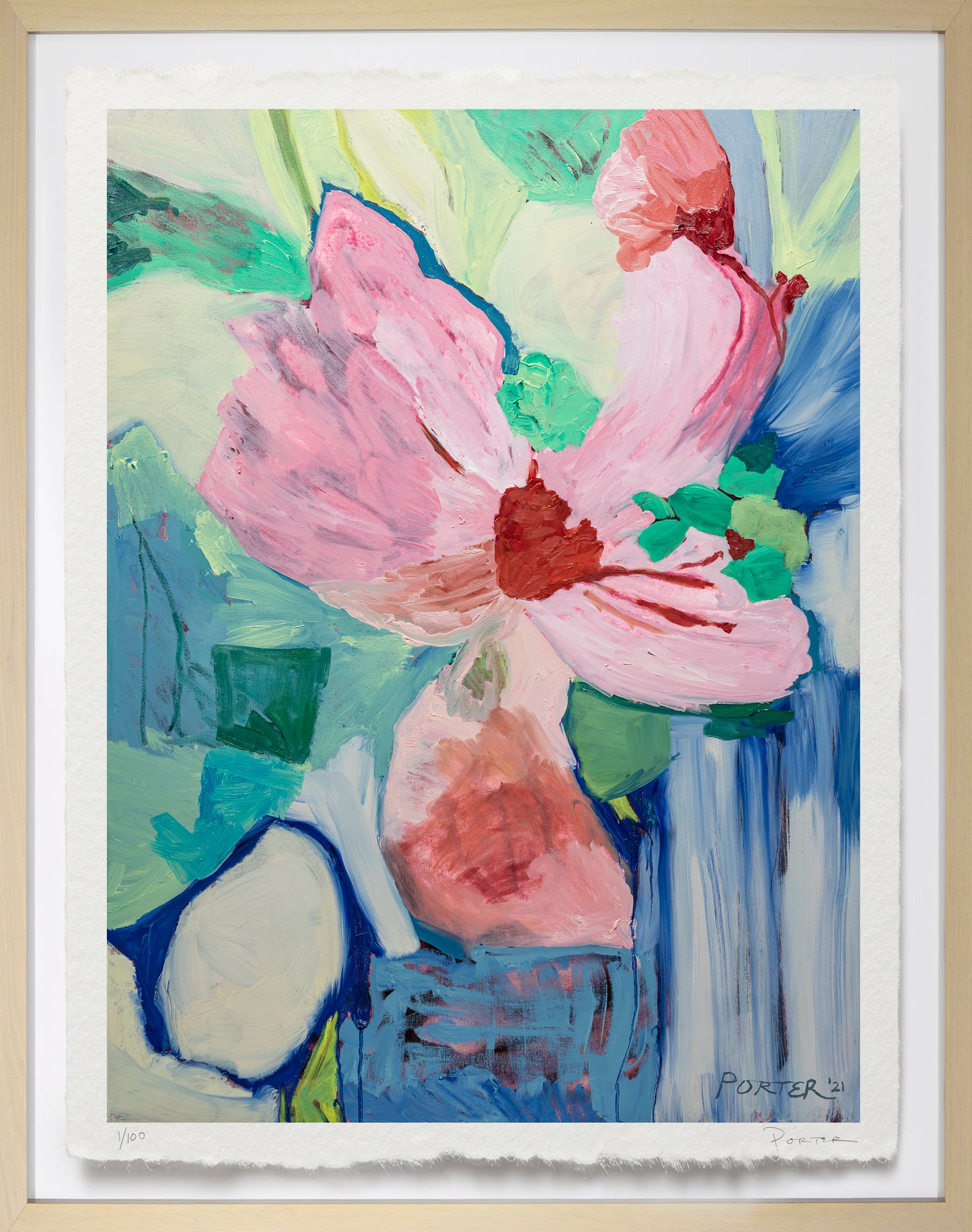 Colorful abstract painting of a flower with a white border, diptych