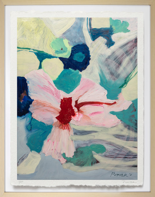 Framed abstract artwork with a pink flower-like shape and colorful background, diptych 