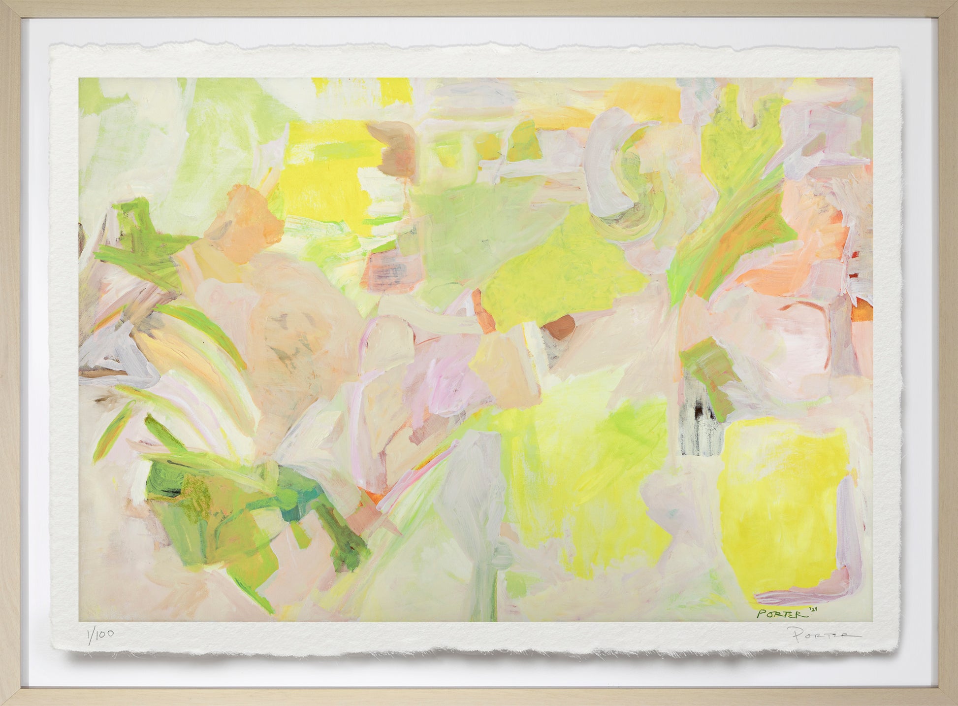 Abstract art print with soft pastel colors in a white frame.